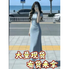 批发法式蓝色波点短袖旗袍<b class='q'>连衣裙</b>女夏季绝美巨好看气质修身包臀长裙子