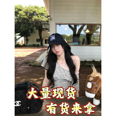 批发sheepland条纹斜肩短袖<b class='q'>t</b><b class='q'>恤</b>女夏韩系慵懒感一字肩收腰显瘦露肩上衣