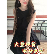 批发赫本风斜裁<b class='q'>衬衫</b>领无袖短款连衣裙女2026夏季新款显瘦设计感小黑裙