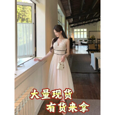 批发维斯小姐淑女日记定制棉麻刺绣杏粉撞色显瘦花边领蝴蝶结连衣裙