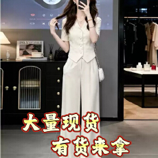 批发高级感气质显瘦纯色修身短袖<b class='q'>高腰</b>阔腿裤子休闲套装女夏季新款时尚