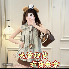 批发薄荷可可  韩系无袖<b class='q'>格子</b>背心上衣女夏小个子蝴蝶结T恤