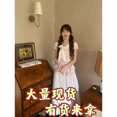 批发午后甜茶 少女千金感设计立体蝴蝶结花边上衣+大小姐波点花苞长裙