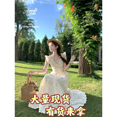 批发Acaine6/16 20:00 95折款罗马花园 度假风<b class='q'>蕾丝</b>V领刺绣<b class='q'>连衣裙</b>