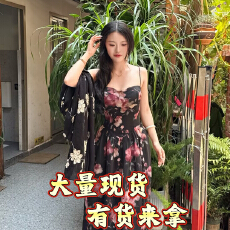 批发LHMknk1画报夫人茶歇复古法式优雅碎花<b class='q'>蓬蓬裙</b>吊带<b class='q'>连衣裙</b>