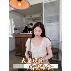 批发Para Jie诗杰 天丝亚麻法式V领蕾丝<b class='q'>拼接</b><b class='q'>连衣裙</b>女夏温柔氛围感长裙