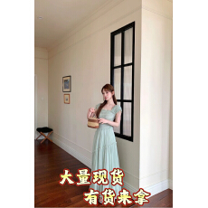 批发板栗西西青空柔絮夏季法式度假风压褶方领抽绳收腰木耳边连衣裙