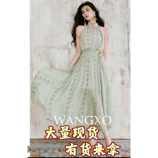 批发WANGXO薄荷曼波蕾丝花型印花飘带连衣裙