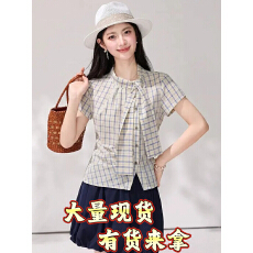 批发通勤风蓝格纹<b class='q'>衬衫</b>女士夏季新款设计感蝴蝶结小衫收腰显瘦通勤<b class='q'>上衣</b>
