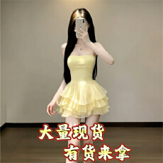 批发轻奢纯欲风黄色一字肩拼接网纱抹胸连衣裙女春季收腰显瘦绝美短裙