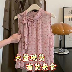 批发自留爆款推荐~韩系蝴蝶结丝巾波点<b class='q'>雪纺衫女</b>夏季减龄<b class='q'>无袖</b>背心上衣