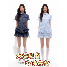 批发复古格纹娃娃领下摆花边上衣学院风拼接抽褶短袖格<b class='q'>衬衫</b>女