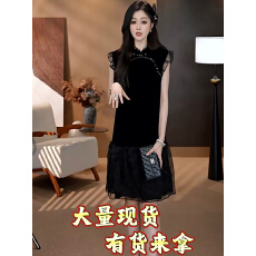 批发绒花如意 优雅精致时尚国风盘扣<b class='q'>真丝</b>丝绒飞飞袖连衣<b class='q'>裙</b>