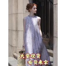 批发夏季新款法式度假风立领飘带无袖紫色鸢尾花连衣裙