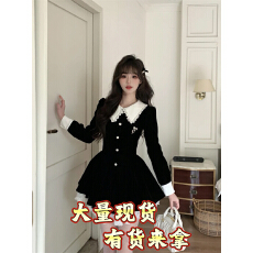批发越韩小鱼 古早蔷薇 法式黑色丝绒连衣裙女富家千金蕾丝拼接小黑裙