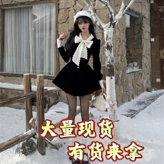 批发越韩小鱼 松露黑巧 复古法式小香黑色丝绒连衣裙女蕾丝拼接<b class='q'>公主裙</b>