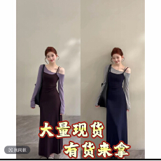 批发颂宋初秋新款小众撞色收腰显瘦气质假两件长袖吊带连衣裙