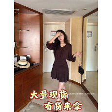 批发张阿星女神裙优雅气质荷叶边V领收腰A字裙摆遮肉连衣裙