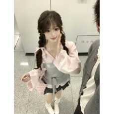 批发POPWEST丨拼接假两件<b class='q'>衬衫</b>小众撞色<b class='q'>衬衣</b>收腰长袖上衣阔腿裤套装女