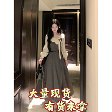 批发月光冷萃 复古法式蝴蝶结拼接连衣裙秋季时尚气质假两件收腰裙子