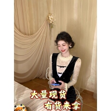 批发神女心事蕾丝针织上衣珍珠黑色法式<b class='q'>复古</b>收腰显瘦<b class='q'>连衣裙</b>新秋套装