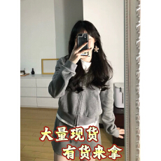 批发美式复古灰色卫衣连帽外套半裙两件套宽松显瘦休闲运动套装女秋季