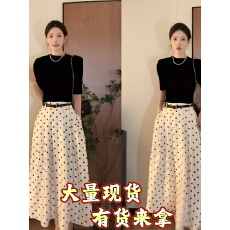 批发秋季新款<b class='q'>丝绒</b>修身正肩中袖女显瘦百搭气质内搭上衣+波点半裙<b class='q'>套装</b>