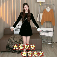 批发2026秋冬撞色丝带装饰<b class='q'>连衣裙</b>丝绒显瘦纯黑裙子保暖长袖<b class='q'>连衣裙</b>