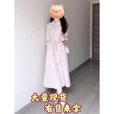 批发蕾英俊-罗马画报-秋季新款法式文艺风立领翻领<b class='q'>长袖</b>腰带宽松连衣裙
