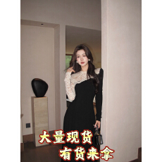 批发木子李幽纱月叙赫本风黑白撞色蕾丝拼接连衣裙高级感长裙