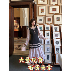 批发蕾英俊莓朵私语甜妹假两件<b class='q'>连衣裙</b> 撞色木耳边领口泡泡袖长裙