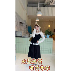 批发早秋法式穿搭一整套装女<b class='q'>黑色</b>收腰吊带叠穿长袖针织衫百褶裙三件套