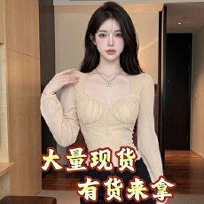 批发<b class='q'>欧美</b>性感显胸网纱方领蕾丝拼接修身长袖<b class='q'>T</b><b class='q'>恤</b>女秋季新款带胸垫上衣