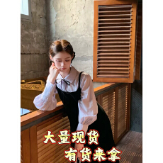 批发桃可了七月星学院温柔蝴蝶结绑带衬衣+收腰气质赫本风丝绒裙