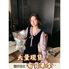 批发鹿阿姨卓叔叔鸢尾花蝶法式假两件丝绒连衣<b class='q'>裙</b>女冬内搭<b class='q'>礼服</b><b class='q'>裙</b>子
