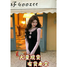 批发鸢尾花蝶法式复古双层木耳领棉上衣+无袖V领丝绒鱼尾裙初秋套装