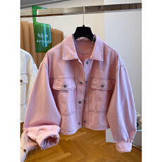 批发韩国东大门粉色牛仔外套女短款2025开春新款宽松明线牛仔夹克上衣