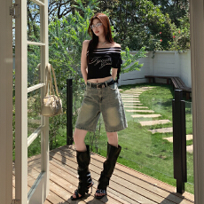 批发复古蓝夏季高腰<b class='q'>牛仔</b><b class='q'>短裤</b><b class='q'>女</b>五分裤宽松显瘦阔腿潮