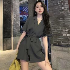 批发原版质量 西装<b class='q'>连体</b><b class='q'>短裤</b>女夏季薄款高腰宽松西装阔腿连衣裤裙