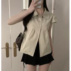 批发韩国chic复古三粒扣翻领<b class='q'>短袖</b><b class='q'>衬衫女</b>