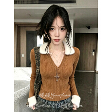 批发辣妹风V领长袖修身短款麻花纹毛<b class='q'>针织</b>衫 显瘦气质百搭