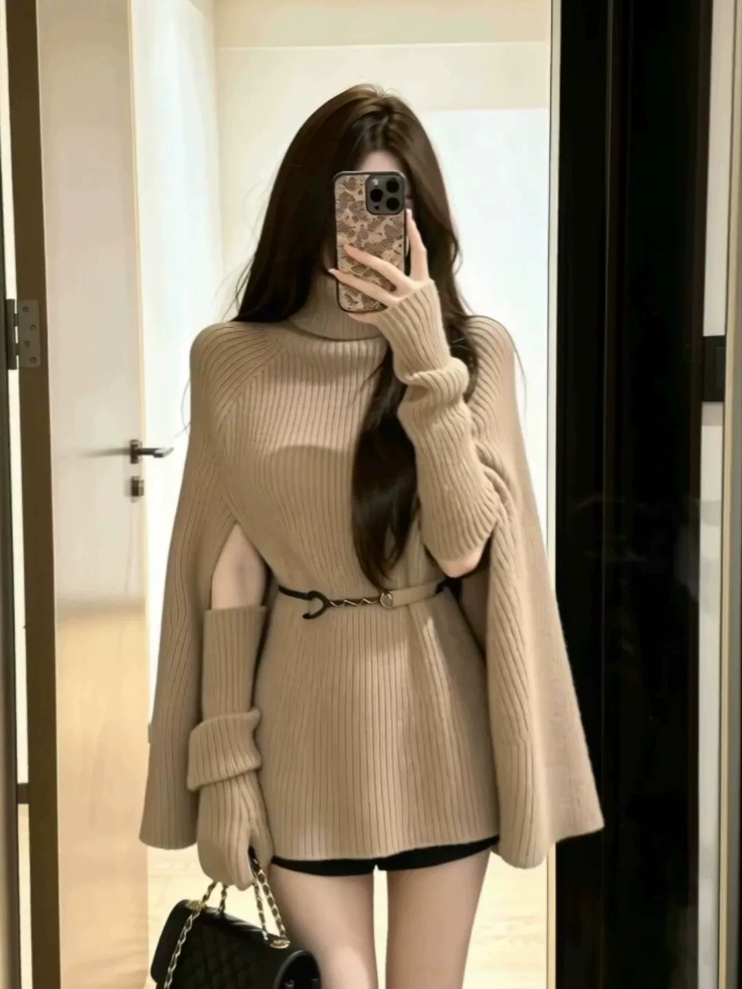 RY9315# 辣妹风高领披肩型套头收腰毛针织衫 显瘦气质