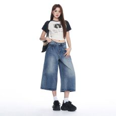 批发美式复古高腰宽松垂感阔腿直筒七分牛仔<b class='q'>裤</b>女夏季新款显瘦<b class='q'>百搭</b>中<b class='q'>裤</b>