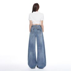 批发美式复古巴黎扣设计竹节纹牛仔<b class='q'>裤</b>女夏季新款宽松显瘦<b class='q'>百搭</b>直筒长<b class='q'>裤</b>