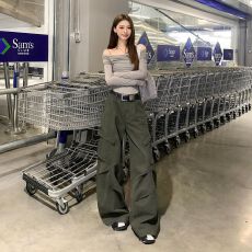 批发美式复古军绿色解构设计感工装裤男<b class='q'>女</b>宽松休闲褶皱垂感弯刀裤子