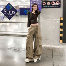 批发卡其色美式复古解构设计感工装裤男<b class='q'>女</b>宽松休闲褶皱垂感弯刀裤子