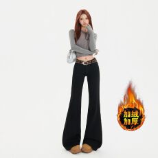 批发加绒黑色低腰微喇叭牛仔<b class='q'>女</b>2025秋冬辣妹不贴腿修身显瘦阔腿微喇裤