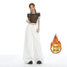 批发白色美式宽松阔腿<b class='q'>牛仔裤</b><b class='q'>女</b>秋冬款加绒加厚垂感慵懒休闲拖地直筒裤