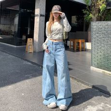 批发多口袋<b class='q'>牛仔裤</b><b class='q'>女</b>2025秋季新款美式复古休闲高腰显瘦直筒阔腿工装裤
