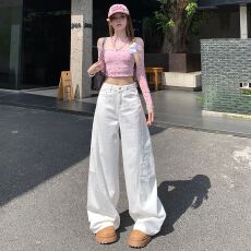 批发多口袋<b class='q'>牛仔裤</b><b class='q'>女</b>2025秋季新款美式复古休闲高腰显瘦直筒阔腿工装裤